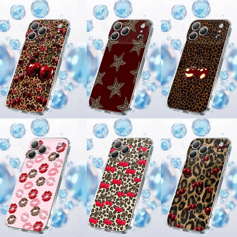 

Leopard Lip Print Cherry Star Phone Case For iPhone 17,16,15,14,13,12,11 Plus,Pro,Max,Plus,E,Air,Mini Transparent Cover