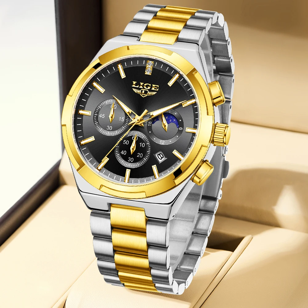 LIGE Classic Business Man Watch Stainless Steel Fashion Luxury Waterproof Luminous Moon Phase Date Casual Quartz Watches for Men
