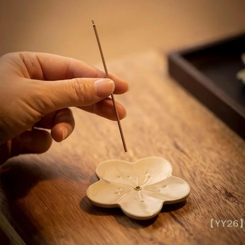 【YY26】Ceramic Incense Holder with Brass Insert – Anti-Spill Ash Catcher for Sticks, Zen Desk Decor