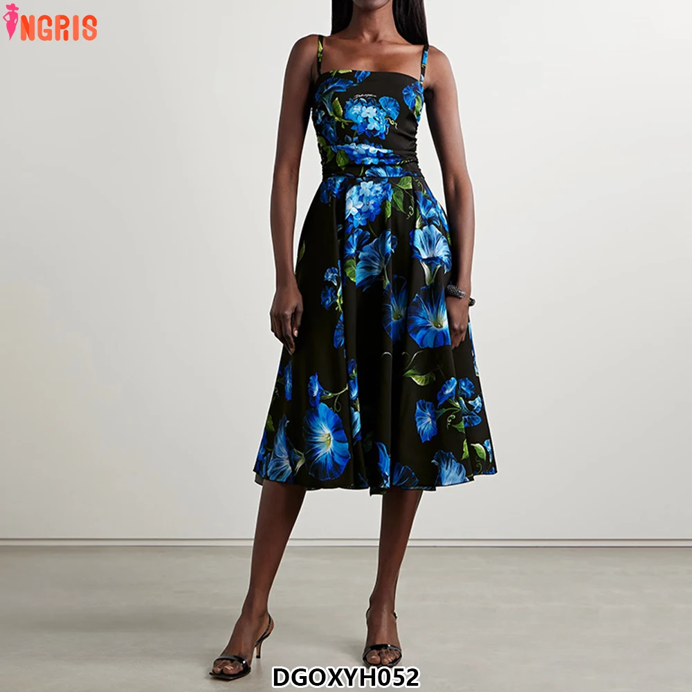 

2025 Summer New Women's Dress Hyacinth Trumpet Flower Print Waist Swing Halter Dress-DGOXYH052