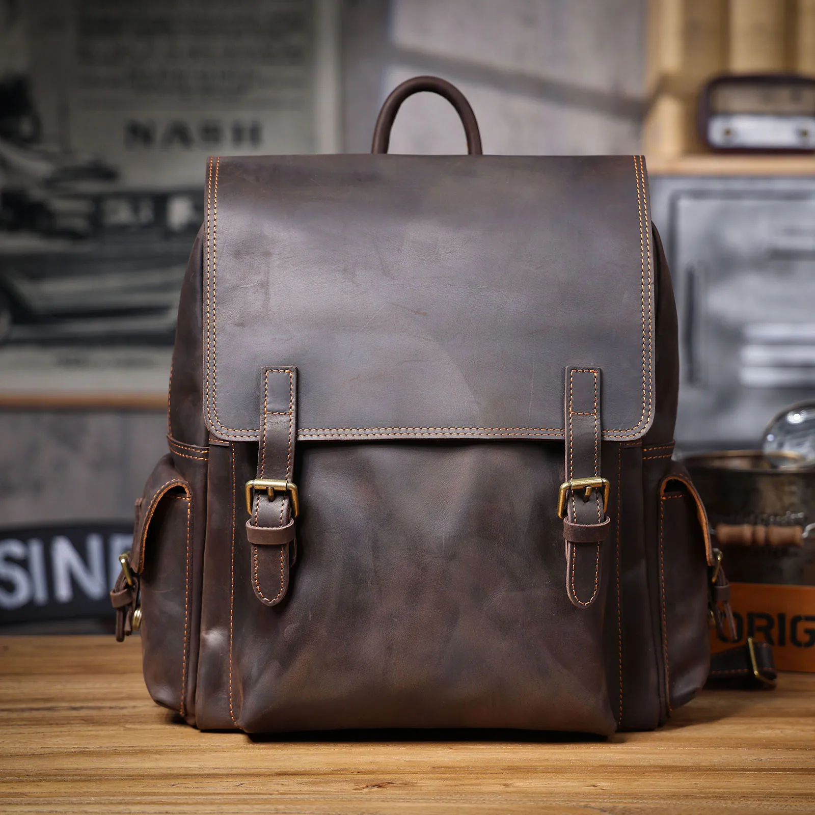S.WORKER Vintage Echtleder-Rucksack 15" Laptop-Tasche Lässige Crazy-Horse-Leder-Schultasche Outdoor-Reise-Weekender-Tasche – Detail 7