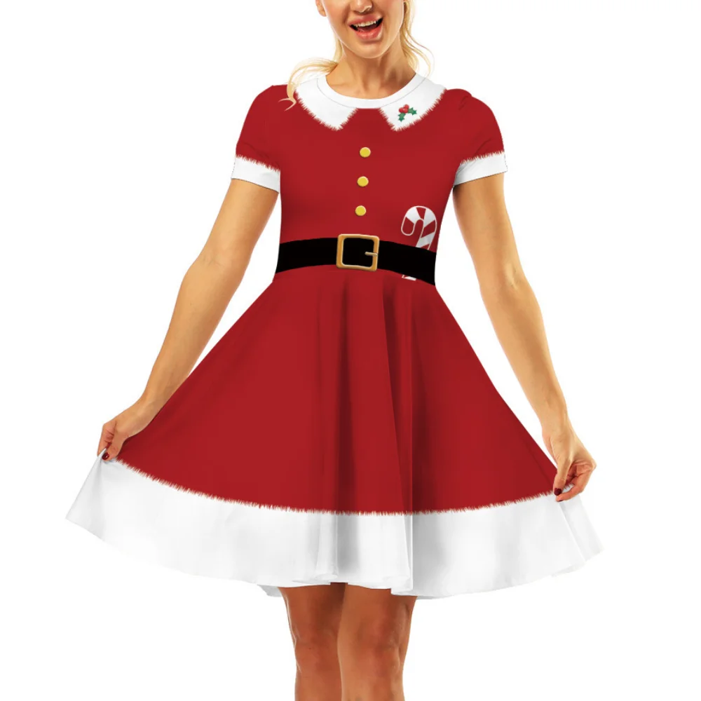 Women Christmas Holiday Flare Dress Short Dress 3D Printed Novelty Midi Dress