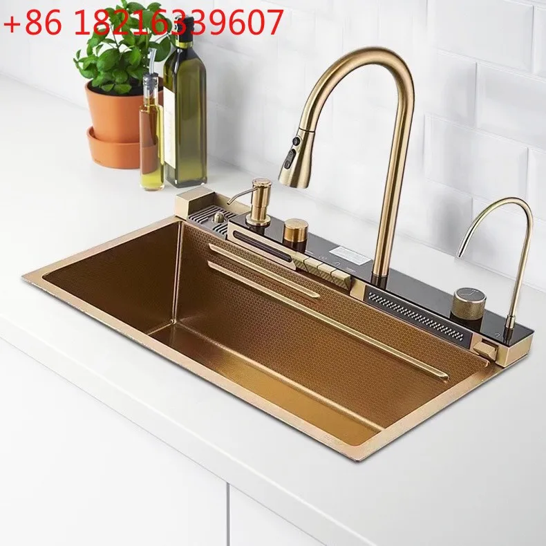 

304 Stainless Steel Flying Rain Sink Digital Display Vegetable Basin Ambient Light Kitchen Dishwashing Sink