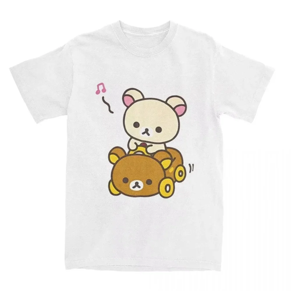 Summer Rilakkuma Korilakkuma Drive Bear Car Music Note Cartoon Front Graphic White Oversized T-Shirt Unisex Anime Cotton Tee