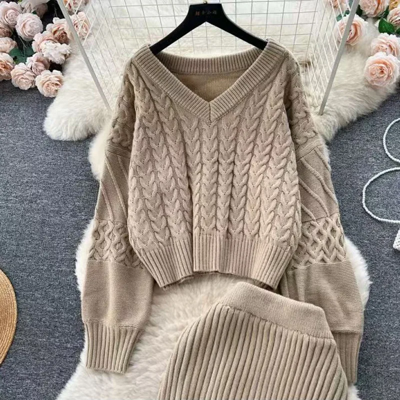 투피스 케이블 니트 드레스 세트 여성용 매칭 세트 솔리드 V넥 풀오버 발목 길이 엘라스틱 웨이스트 스커트 2025 가을 겨울