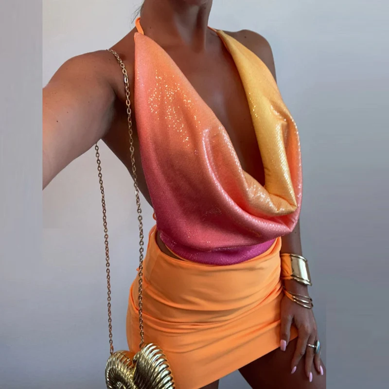 

Элегантные топы и мини-юбки с лямкой на шее и v-образным вырезом, женская мода, блестящий облегающий клубный комплект для вечеринок, сексуальные костюмы без рукавов с открытой спиной, 2 предмета