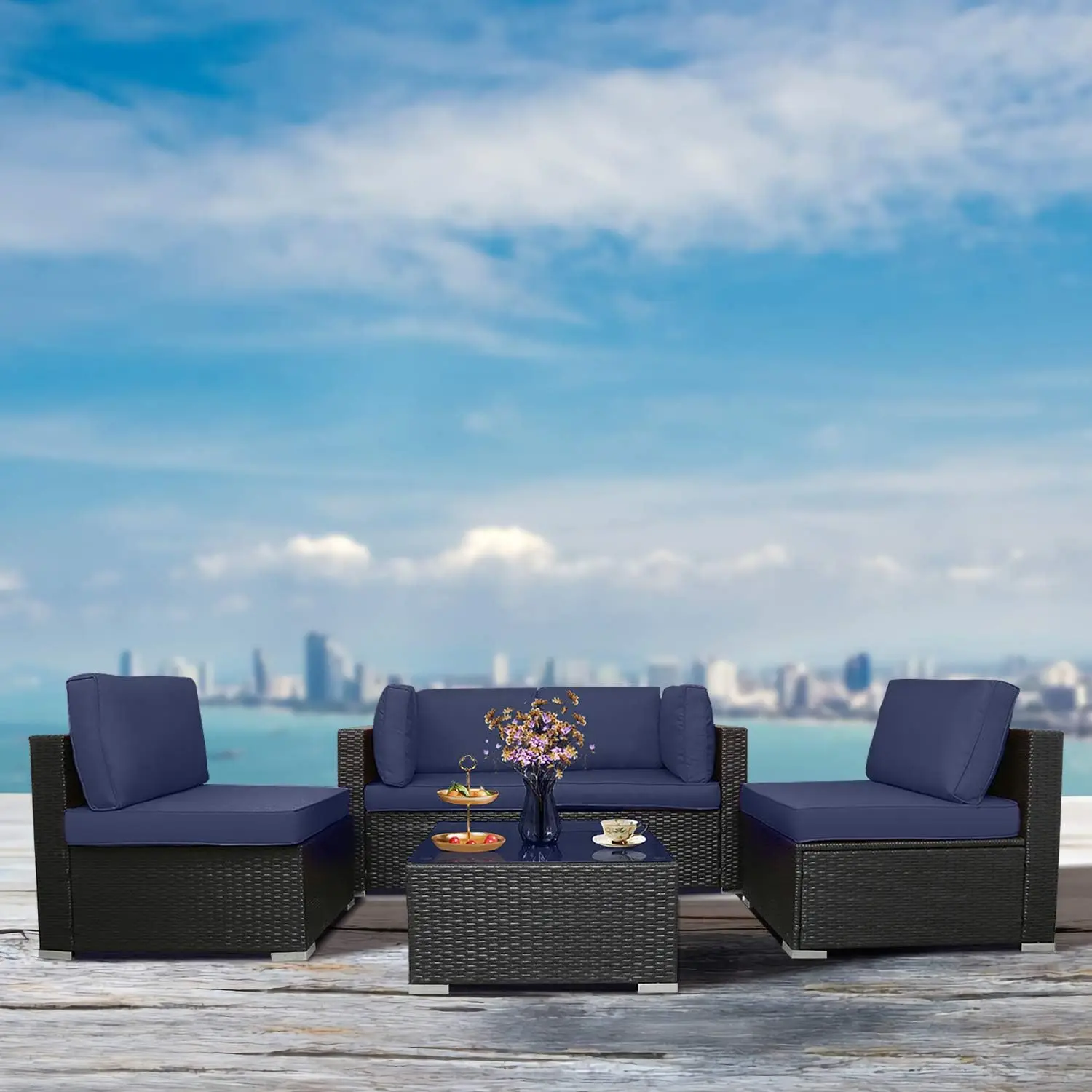 

5 Piece Wicker Patio Furniture Sets Outdoor Sectional Rattan Sofa Set with Cushion,Tempered Glass Tea Table for Backyard Garden