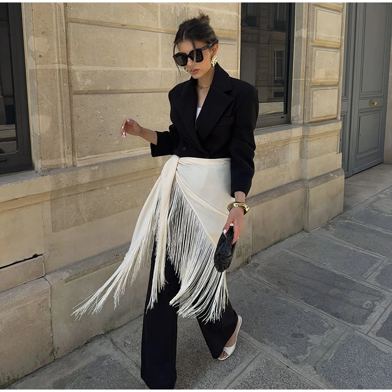 Fringe Wrap Skirt Solid Tie Waist Boho Style Elegant Women Fashion All-match Mini Skirts 2026 Party Chic Casual Vacation Outfit