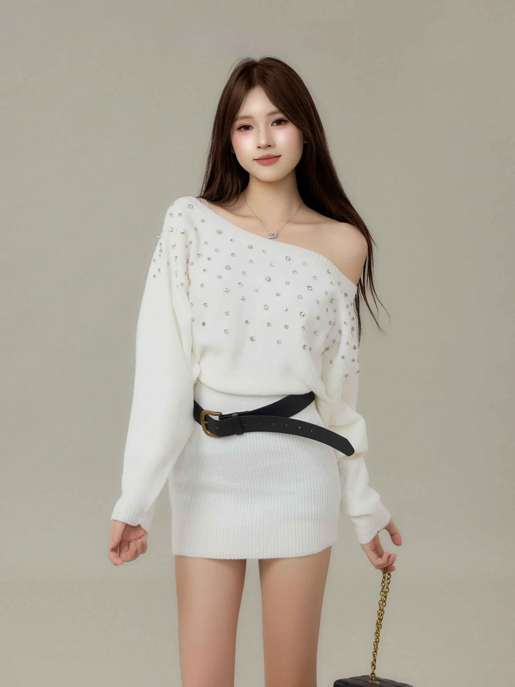 

Pure Desire White Knitted Dr Women's Autumn Winter oulder Slanting Diamond Heating Body Sweater Skirt High Waist Knitted