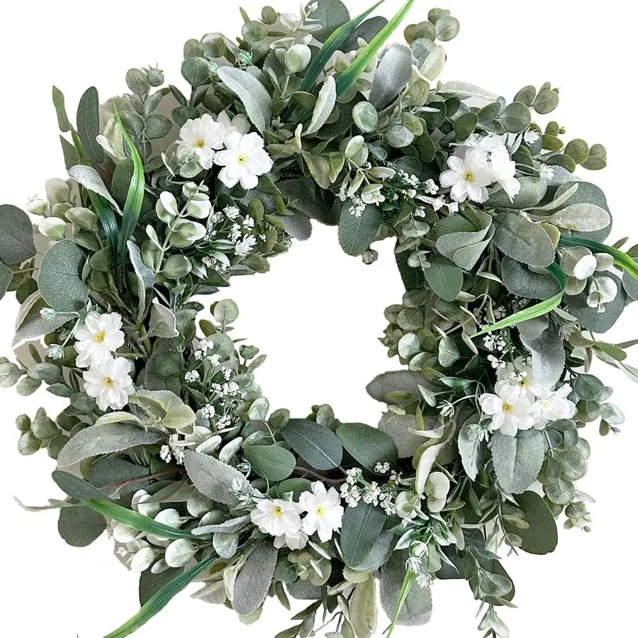 

Искусственный венок из зеленых листьев и белых цветов для входной двери, имитация листьев ясеня, для дома и улицы