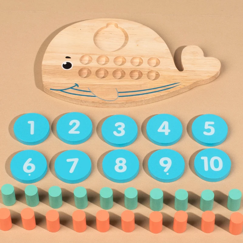Tablero de números de madera para niños, contador de diez dígitos en forma de ballena, juego de correspondencia cognitiva, operación de resta y suma, juguetes de matemáticas