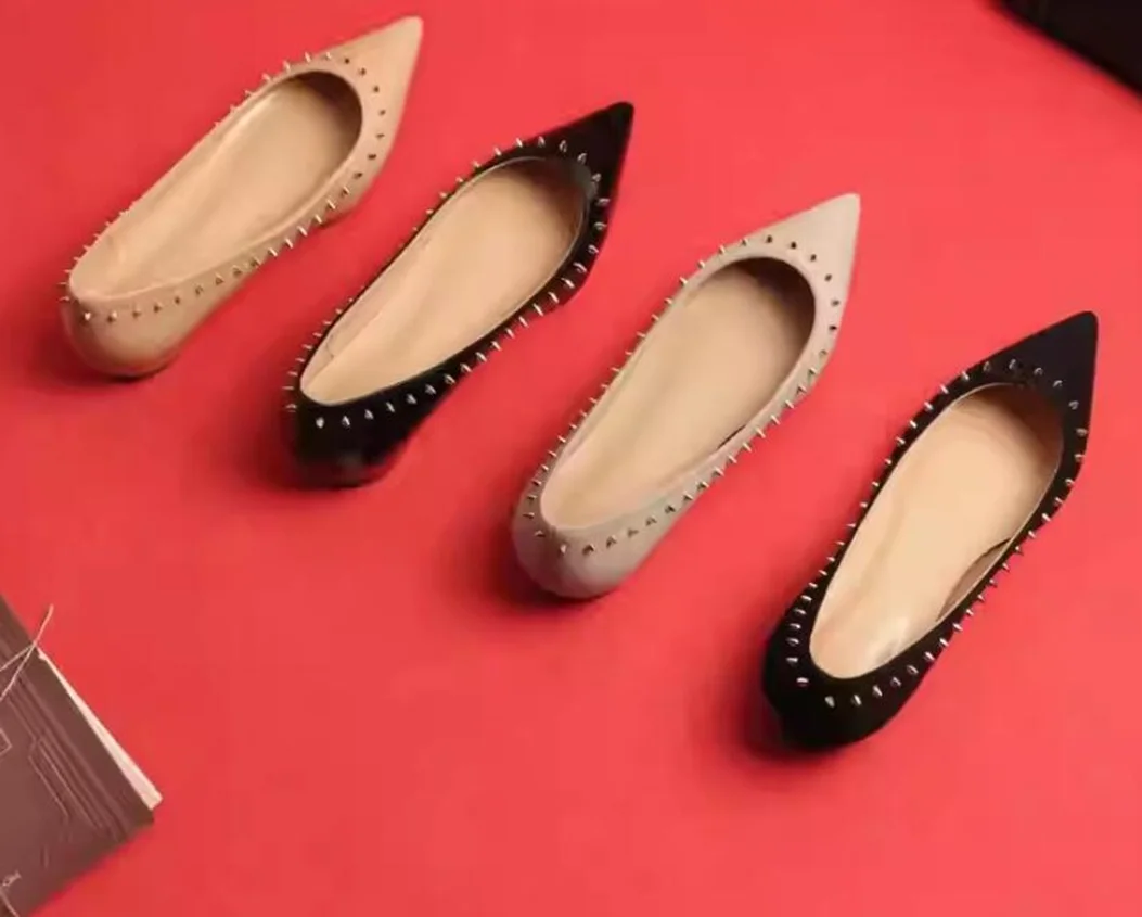 

Black Sheepskin Leather with Stud Pointed Toe Slip On Flats Women Spikes Casual Shoes Plus Size 47