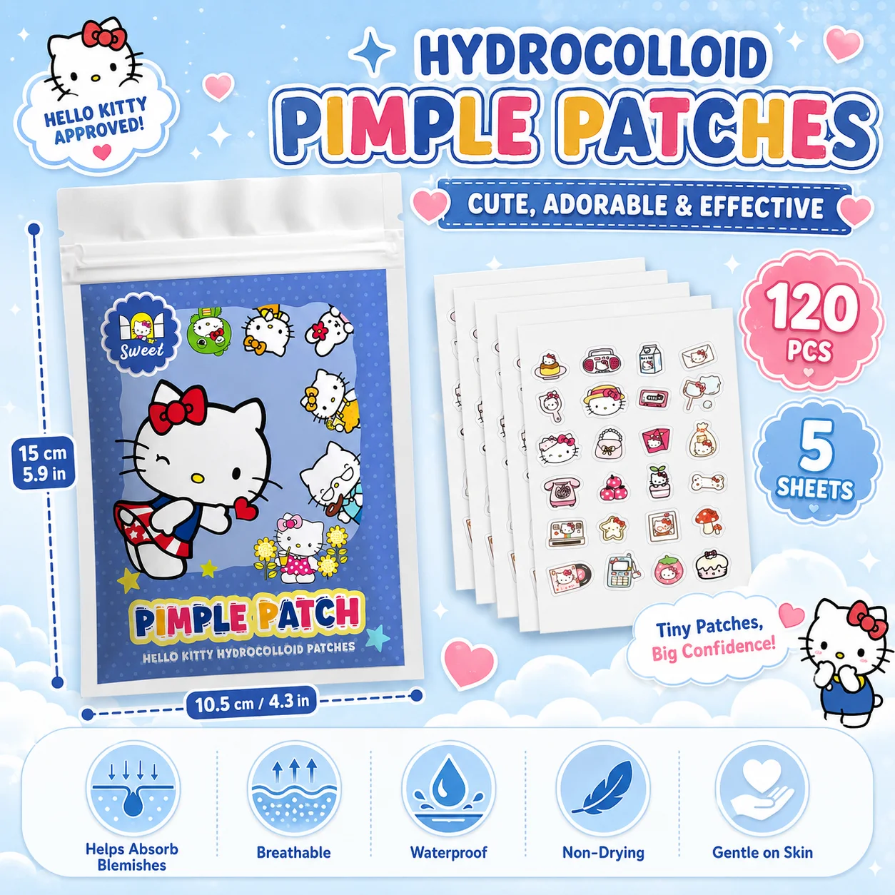 120PCS hello kitty Acne patches, facial acne patches, hydrogel acne removal patches, concealer