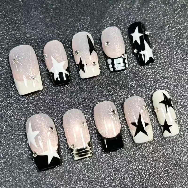 24PCS Shiny Nude Cat Eye Medium Square False Nails with Glue Black White Star Texture French Press on Nails Full Cover Wearable