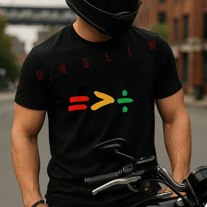 

Summer Motorcycle Casual Sports Loose Cotton T-shirt Red Double Equal Yellow Greater And Green Division Sign Moto Men's Tees