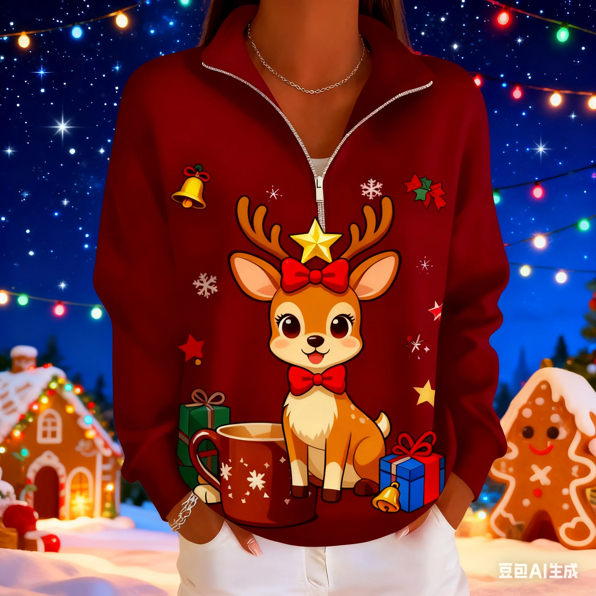 

Cartoon Elk Print Sweatshirts Autumn Casual Loose Zipper Pullover Fashion Christmas Top Women's Tracksuit Hip Hop X'mas Clothing