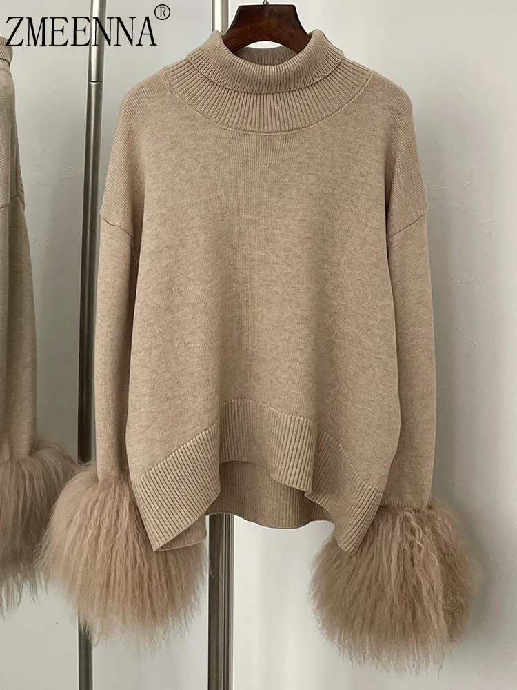 

ZMEENNA Women's Elegant High Neck Knit Sweater With Luxurious Faux Fur Cuffs Cozy Long Sleeve Chic Winter Warmth ZM3417