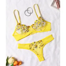 Embroidery Women Underwear Daily Yellow Lingerie Sexy Floral Transparent Lace Short Skin Care Kits Delicate Fairy Garter Set