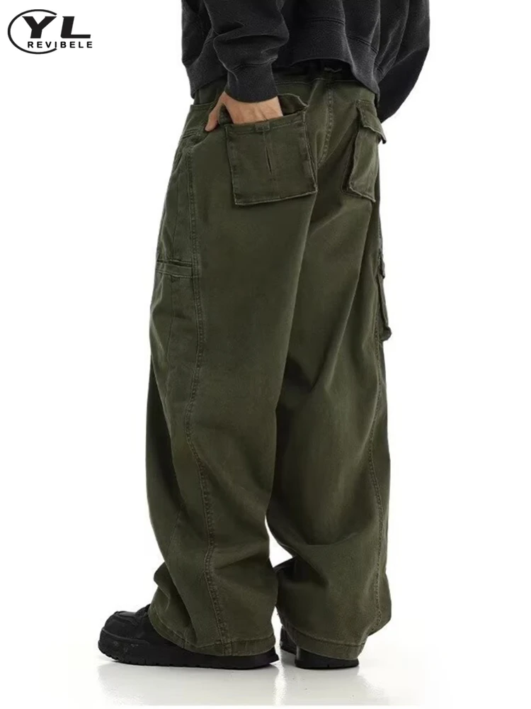 American Vintage Wide Leg Cargo Pant Mens High Waist Solid Color Multiple Pockets Jogging Pants Spring Baggy Straight Trousers