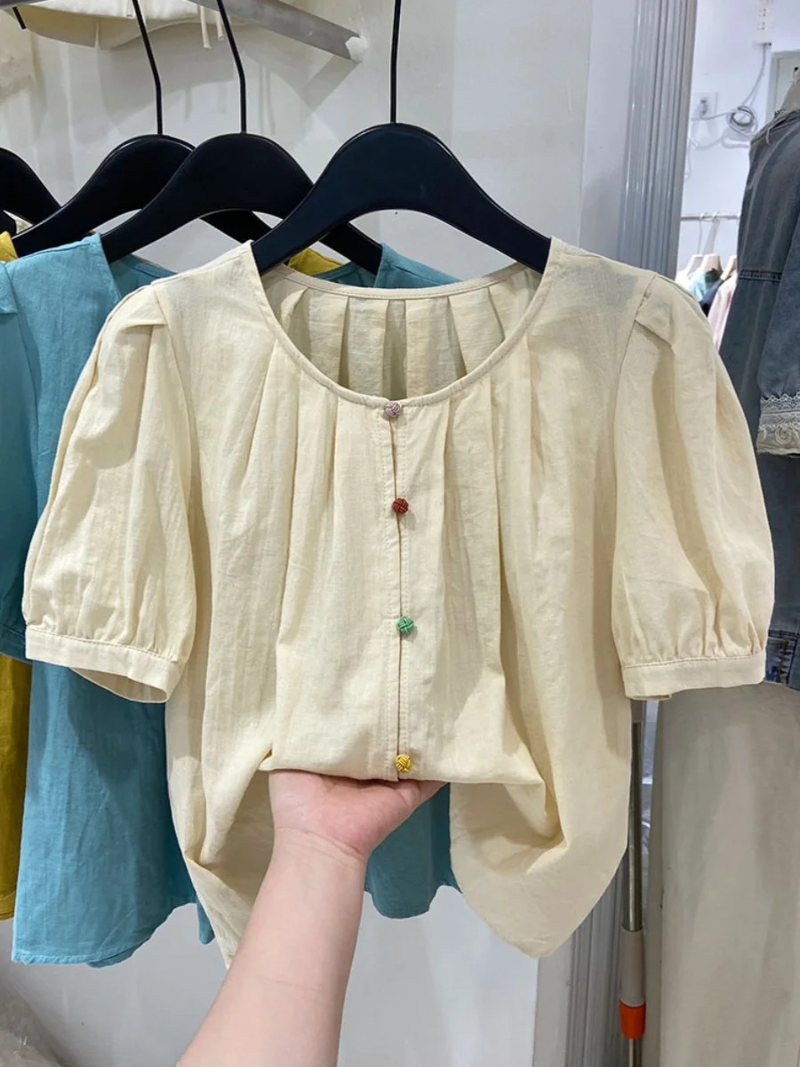 المرأة ort Sve القطن الكتان فقاعة Sve irt فضفاضة تناسب الصيف Faion الكورية Sle أعلى جولة Ne ملابس العمل غير رسمية #3