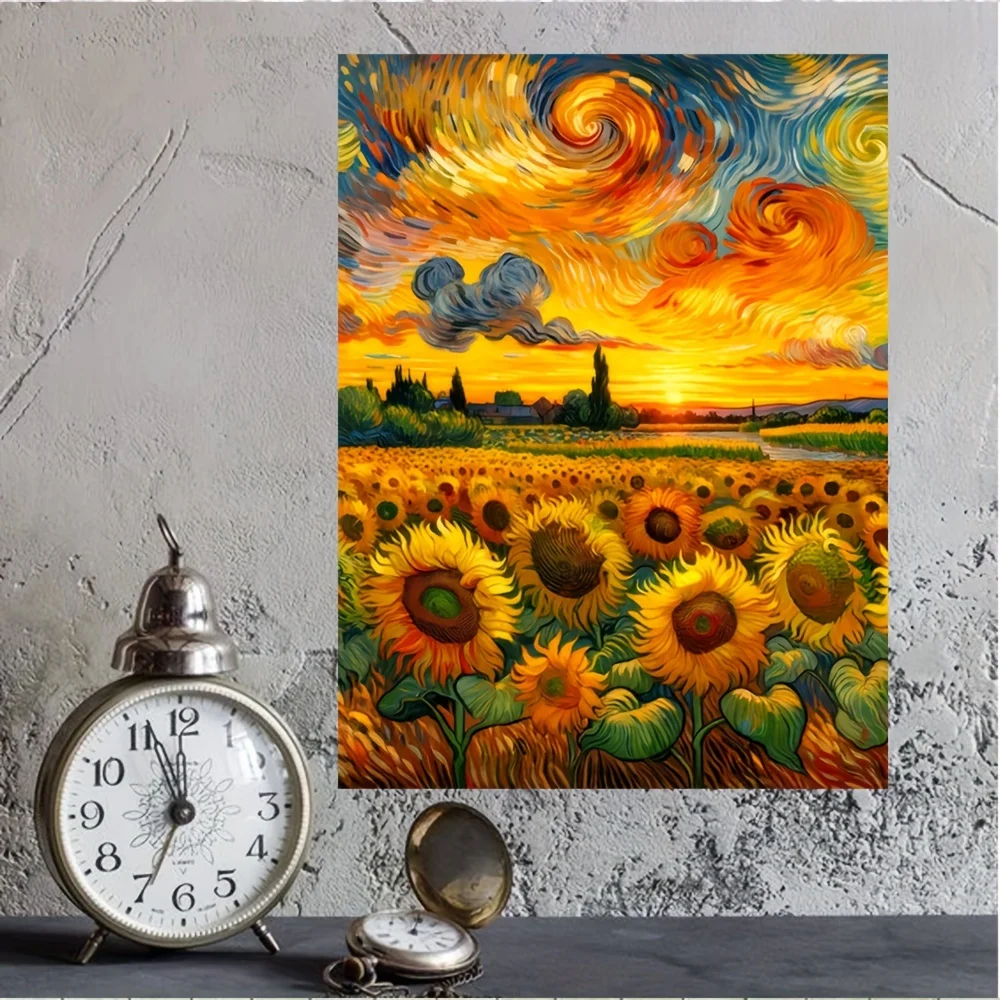 

Van Gogh style sunflower field sunset digital oil painting, suitable for home, coffee shop, and office decoration