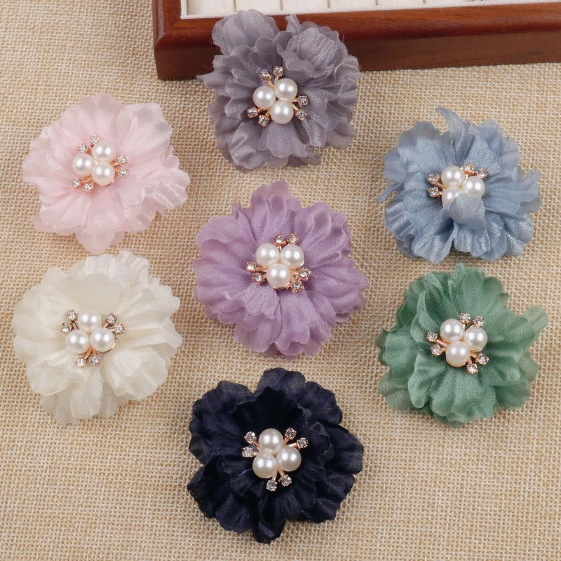 

10PCS 6cm Pearl Mesh Gauze Silk Flower Head For Baby Girls Hair Accessories Fabric Flowers For Headbands Hair Bows Headwear