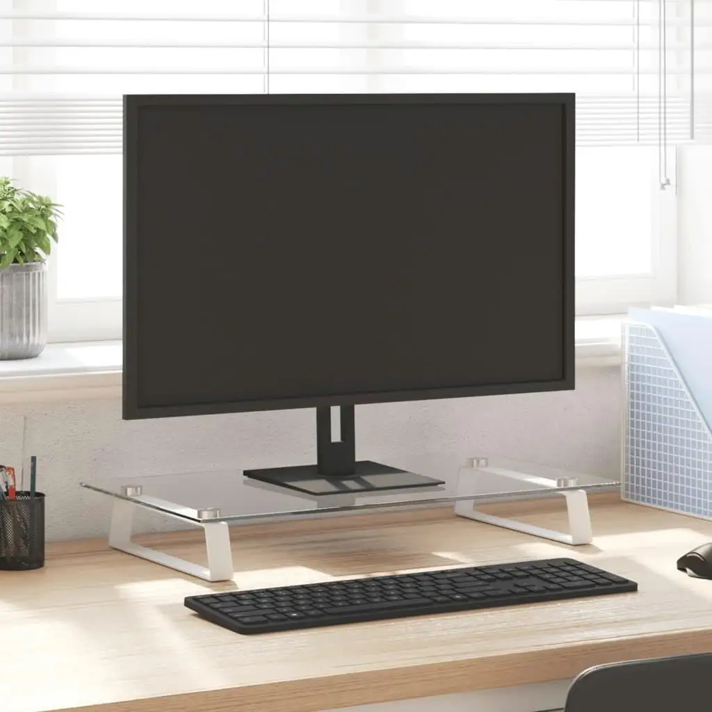 Stylish White Monitor Stand 60x35x8 cm - Tempered Glass & Metal for Ergonomic Organization