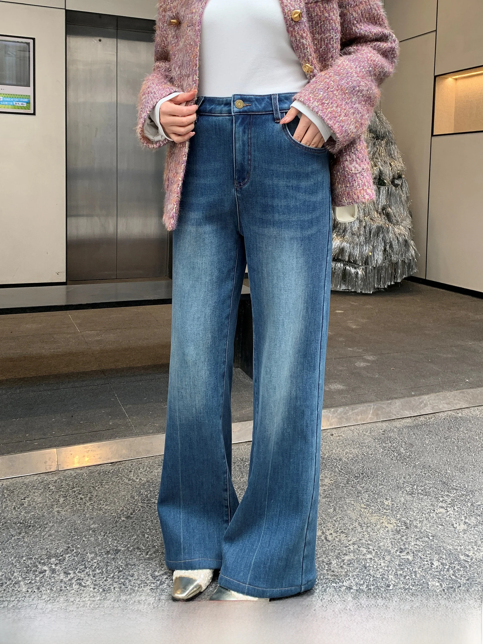 

Винтажные джинсы прямого кроя с подкладкой для женщин больших размеров, теплые джинсовые брюки, зимняя мода, женские, премиум-качество, с высокой талией