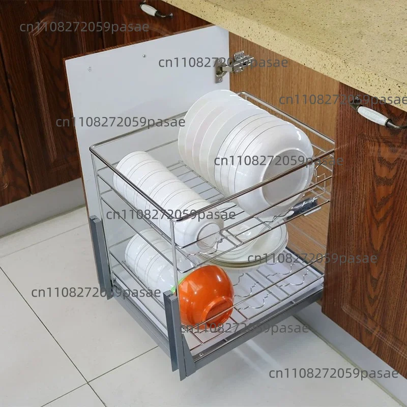 Stainless Steel Double-Layer Pot Rack with Pull-Out Baskets, Dish Rack with Storage Drawers, Bottom-Mounted