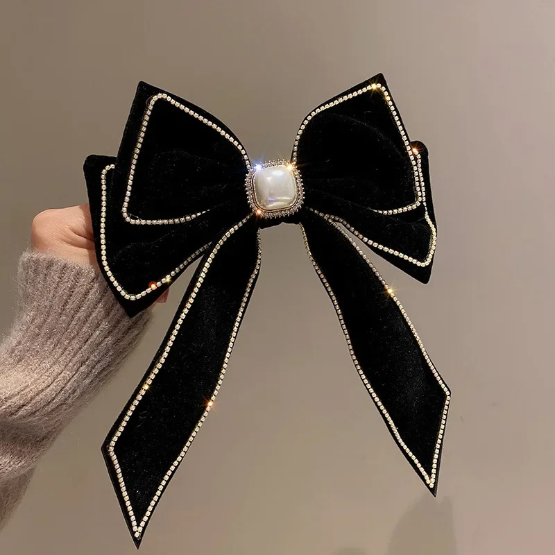 Koreański aksamitna kokarda szpilki do włosów tkaniny Rhinestone Pearl spinki do włosów dla kobiet Luxulry biżuteria zacisk sprężynowy Gils akcesoria do włosów