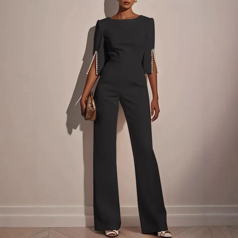 2025 Women's Jumpsuits Beaded Decorative Slim Trousers Three-quarter Sleeves Office Evening Pink Fashion Business Playsuit