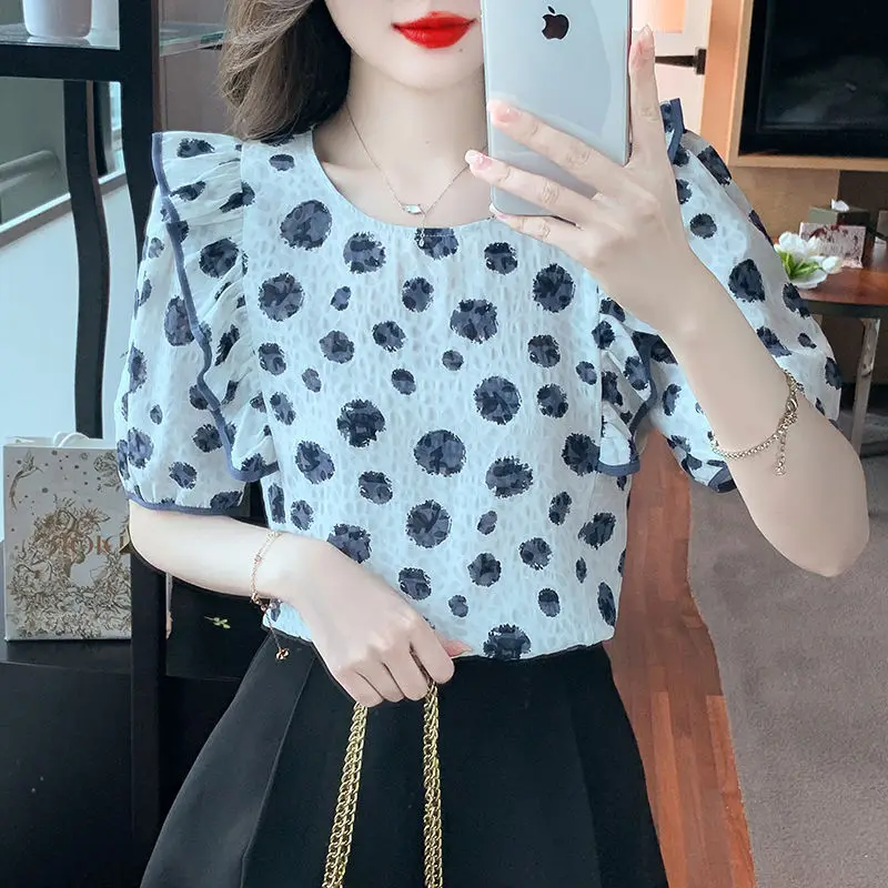 Korean Casual Polka Dot Printed Blouse for Female Summer Fashion All-match Ruffles Spliced Short Sleeve Shirt Women\'s Clothing