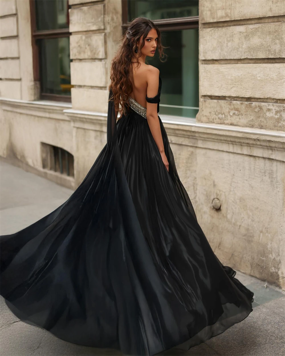 فساتين سهرة رسمية من الساتان الأسود مخصصة موضة كتف واحد فستان العودة للوطن ناعم سويب تراين فساتين مناسبة مخصصة #3