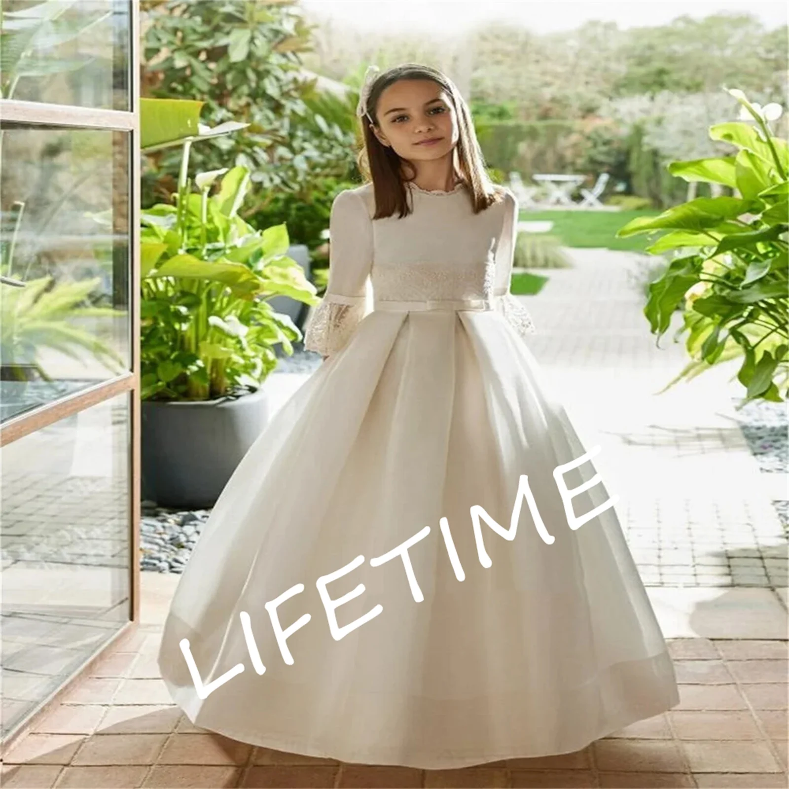 Elegante vestido fofo para meninas, em camada de tule, cinto frisado, sem mangas, flor nupcial, primeira comunhão da criança, aniversário