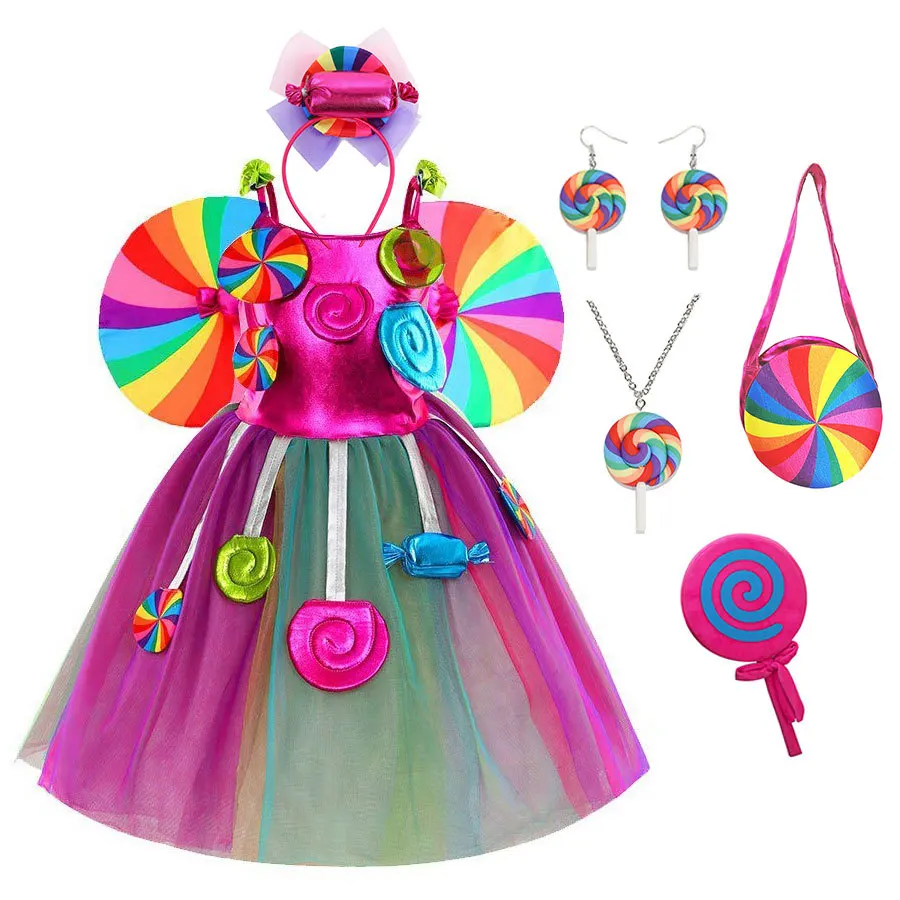 

Carnival Cosplay Dress For Girls New Sweet Purim Festival Lollipop Candy Rainbow Fairy Princess Dress Birthday Party Costume