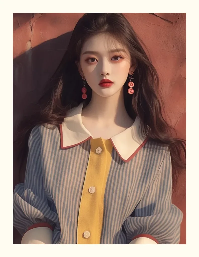 Chiffon Vintage Women's Shirt Summer New 2024 Stripe Korean Clothing Sales Loose Tops Short Sleeves Elegant Women Blouses