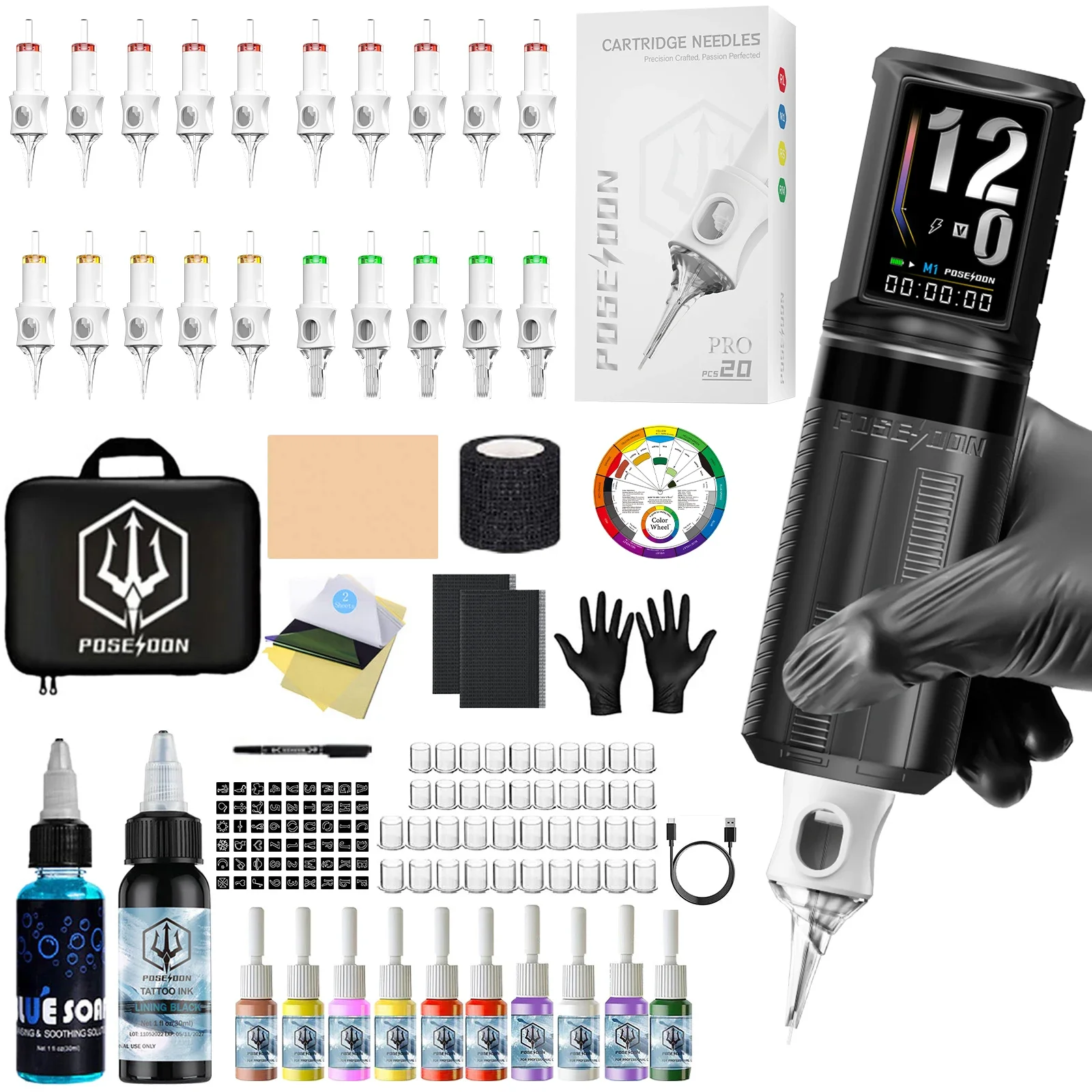 Tattoo Kit POSEIDON V6 Tattoo Stift Kit Für Permanent Make-Up Tattoo Maschine Kit Drahtlose Professionelle HM163 Tattoo Gun Kit