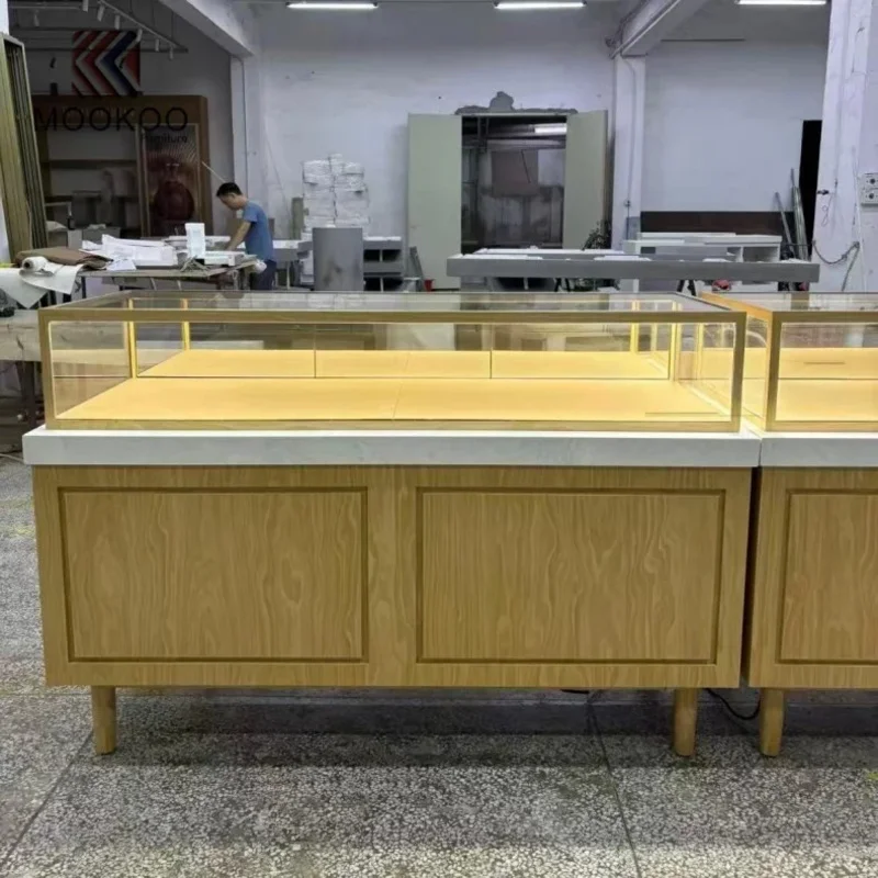 custom.Mookoo Wood Jewelry Display with Tempered Glass & LED Lighting Retail Store Showcase