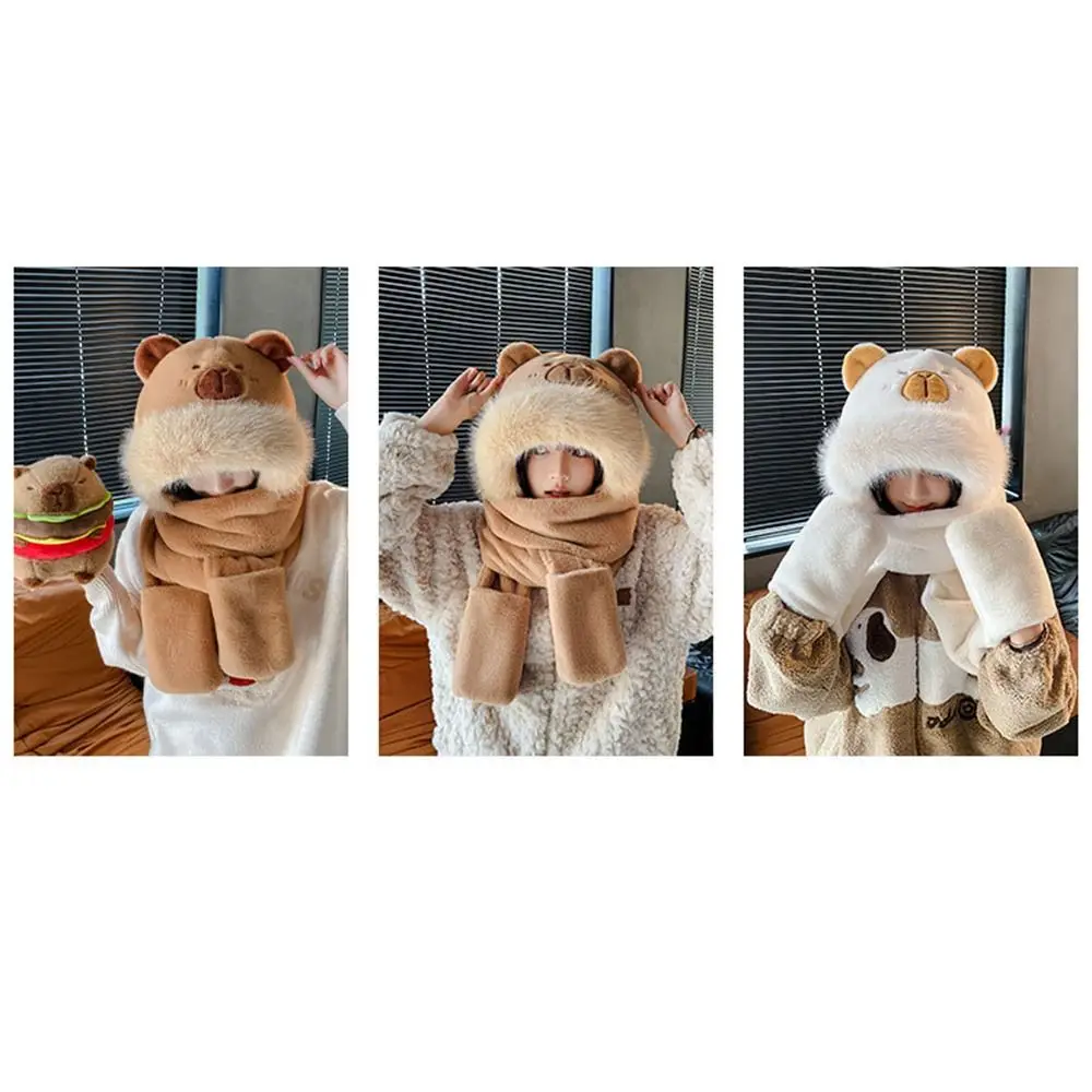 Trendy 3 in 1 Capybara Hat Scarf Set Cartoon Panda Scarf Hat Glove for Women Windproof Cute Furry Scarf Cap Set Lady