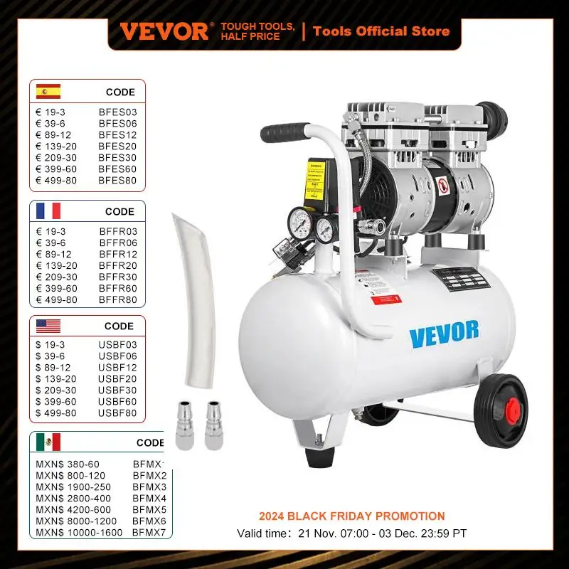 VEVOR-Compresseur d'air silencieux portable sans huile, pompe à électrovanne sûre, réparation