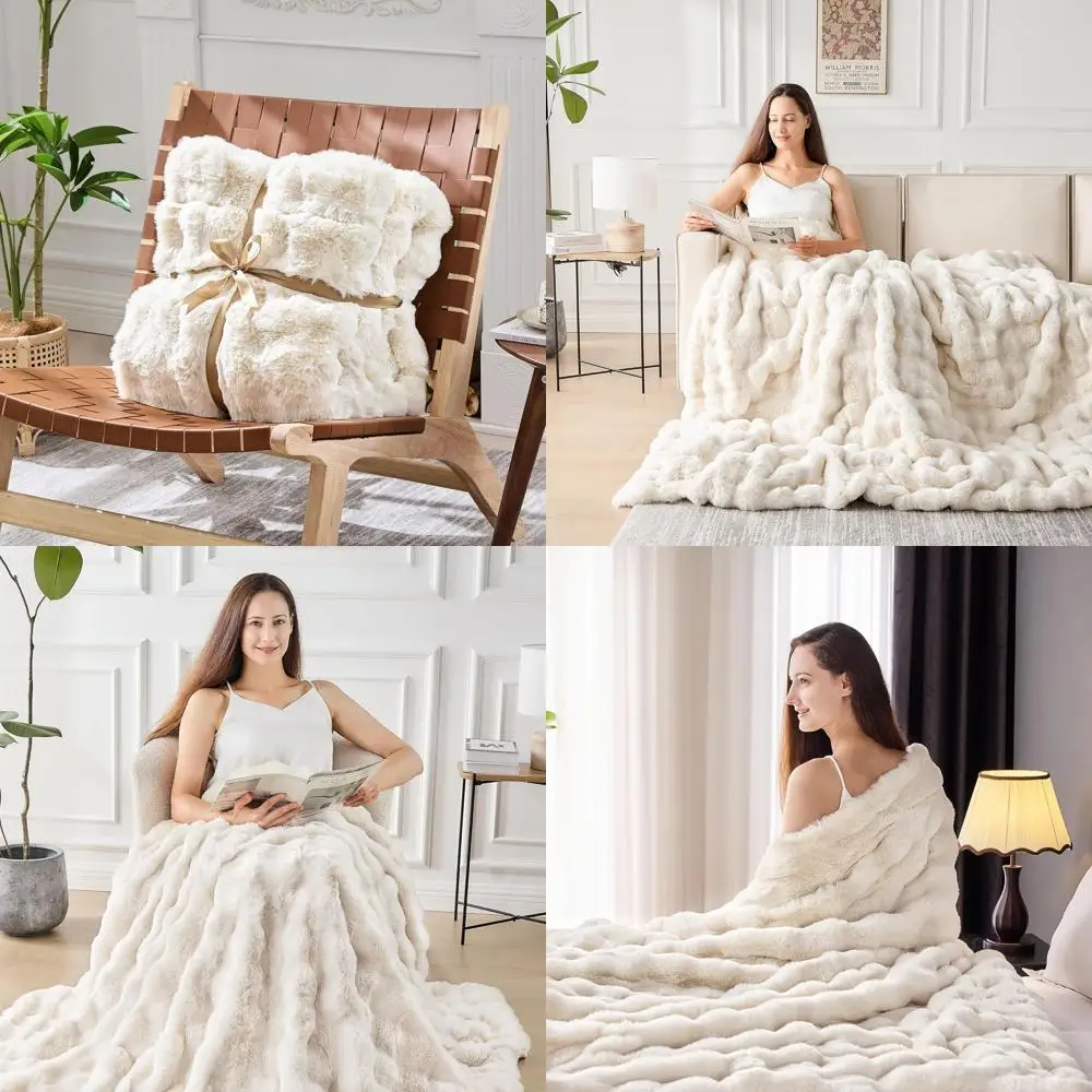 

Luxury 1000GSM Rabbit Fur-Like Throw Blanket, Plush Cozy Cover for Couch, Bed, or Sofa, Reversible Cream White Mink-Style Soft B