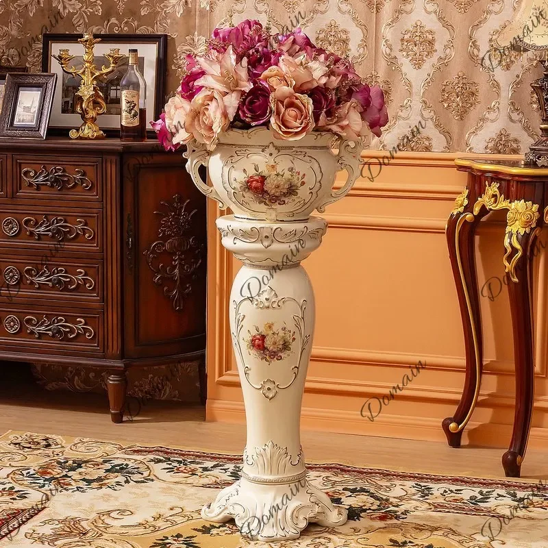BJ European Living Room Floor Vase Tall Luxury Ceramic Roman Column Flower Arrangement Home Decor