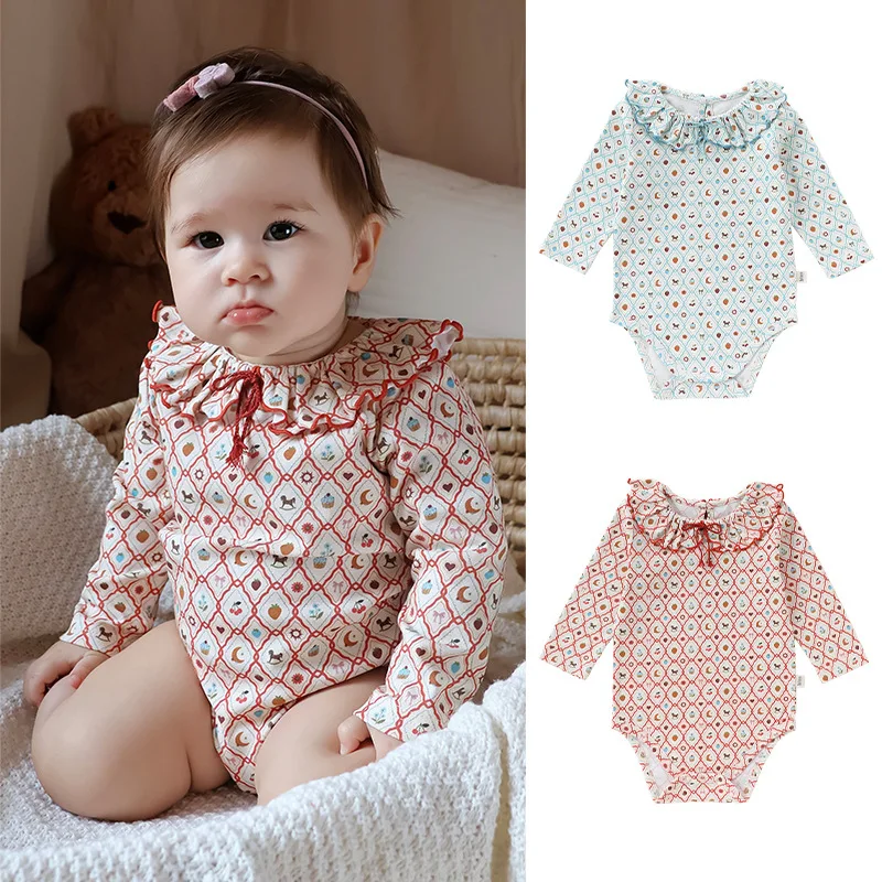 

Baby Girls Pure Cotton Bodysuit Newborn Cute Print Long Sleeve Bow Ruffle Neck Onesie Infant One-piece Rompers Toddler Clothing