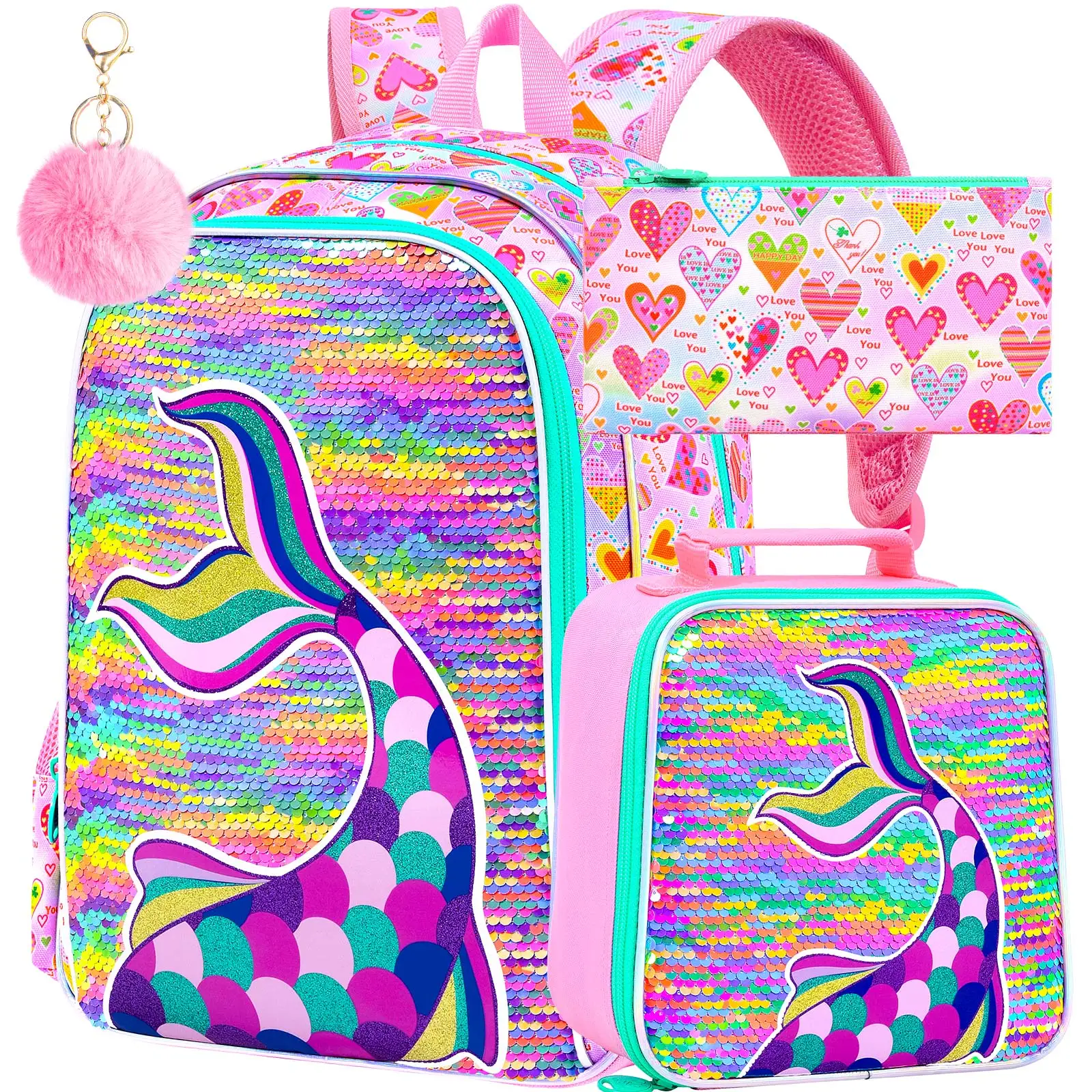 kid's-backpack-3pcs-16-inch-print-rainbow-sequin-mermaid-tail-school-backpack-set-one-backpack-one-handbag-and-one-pencil-case