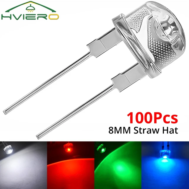 100Pcs 8mm Słomkowy Kapelusz Lampa Koralik LED Biały Czerwony Żółty Niebieski Zielony Super Jasna Dioda Moc Światła 3.4 ~ 3.6V Żarówka Emitująca Dekoracja