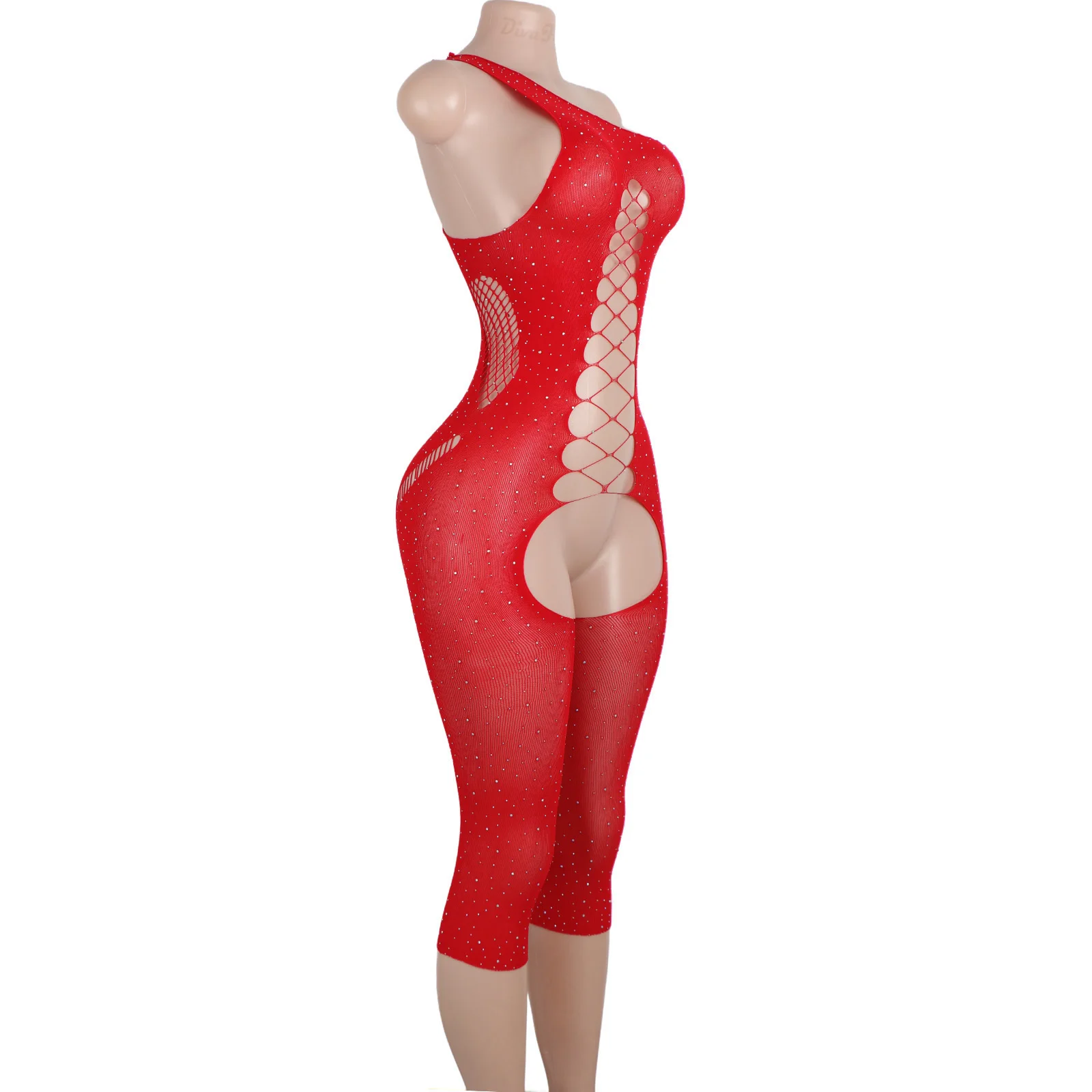 Sexy Lingerie Swimsuit Cutout Design Sheer Net Shorts Crystal Embellished Rhinestone Women's One Piece Exotic Dancewear Mesh