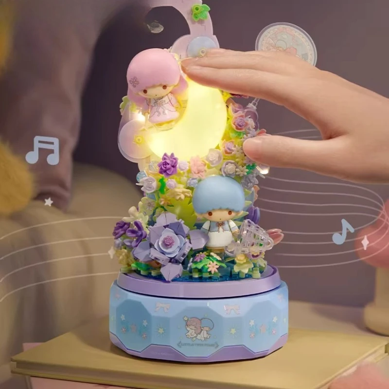 

WONDER MOON Sanrio Building Blocks Hello Kitty Rotating Music Box Cartoon Assembled Toy Model Ornaments Birthday Gift