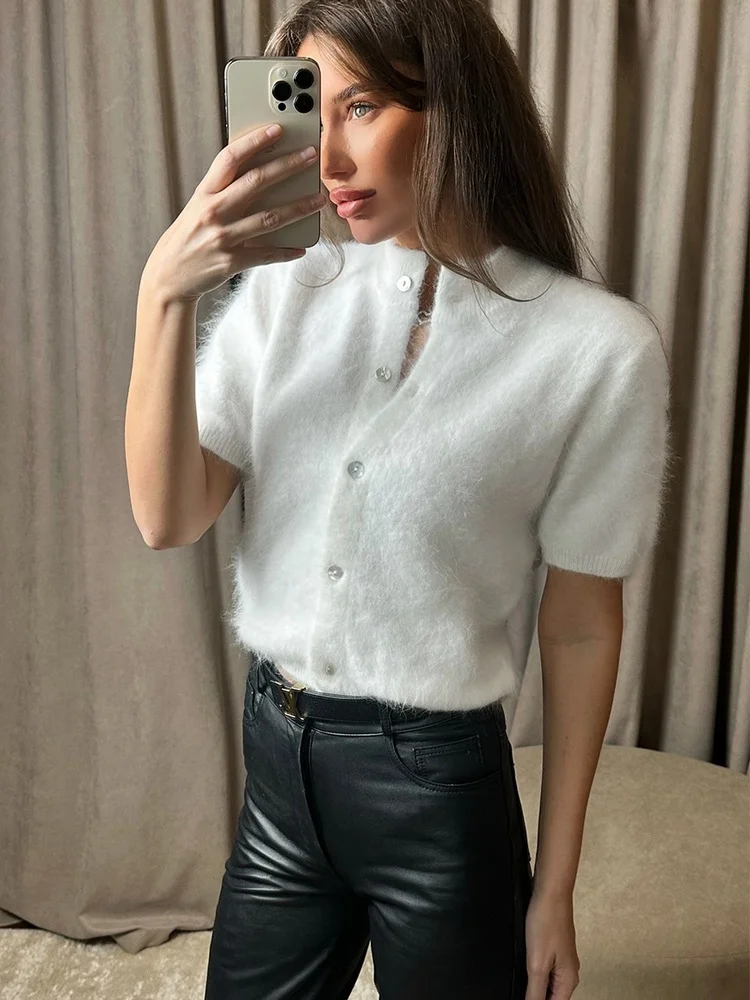 Women's Fuzzy Knit Cardigan Short Sleeve Puff Sleeve Button Front Mock Neck Soft Sweater Casual Daily Solid Color Cardigan 2026