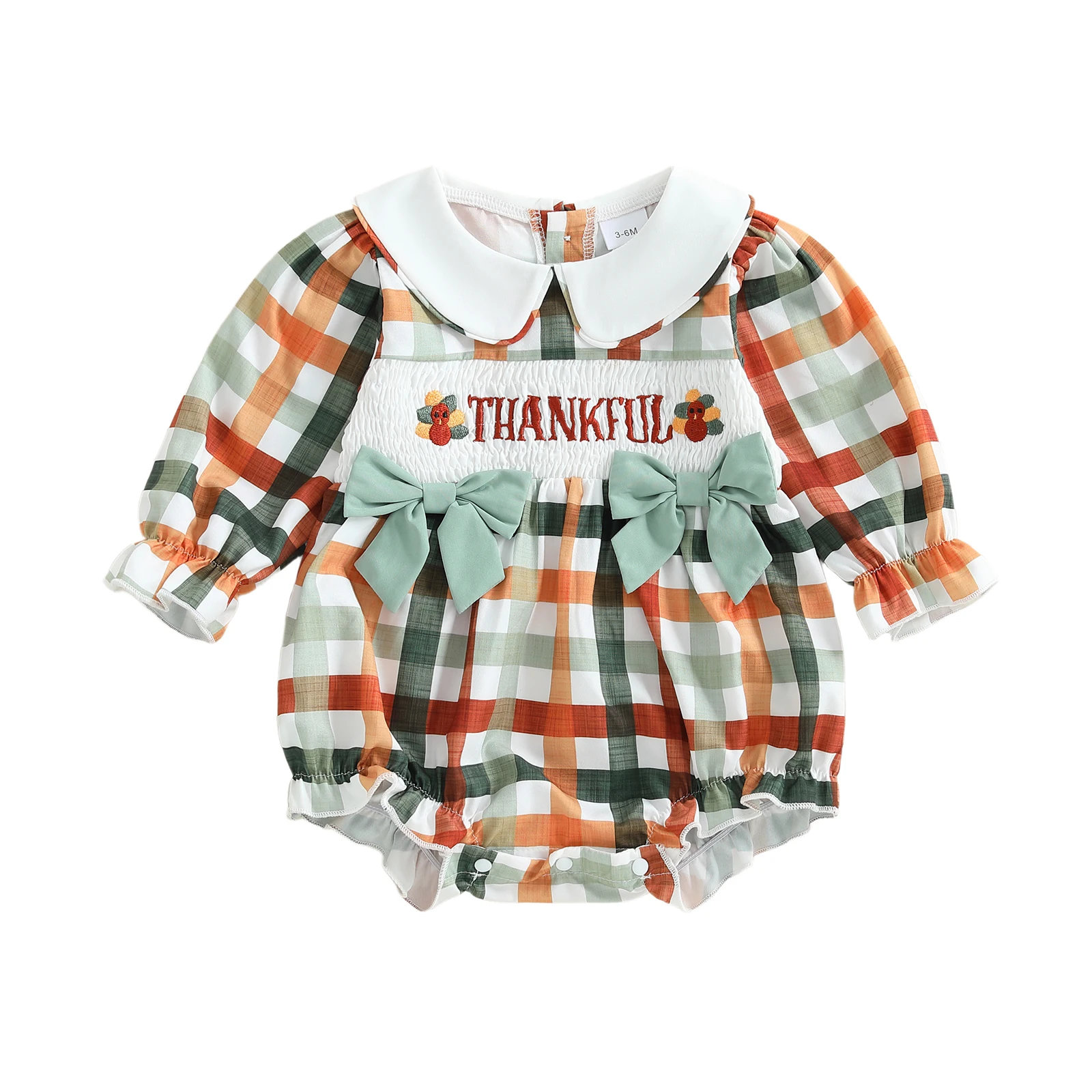 Baby Mädchen Strampler Langarm Puppenkragen Plaid Stickerei Buchstaben Türkei Body Thanksgiving Kleidung – Detail 3