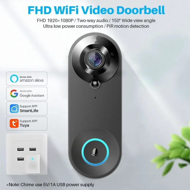 Tuya Video Doorbell WiFi Door Bell Camera 1080P Two-Way Audio Outdoor Waterproof Smart Life Works With Alexa Google Home